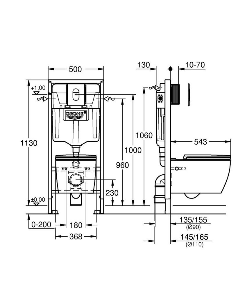 Stelaż podtynkowy Grohe Rapid SL 103849SH00 rys techniczny