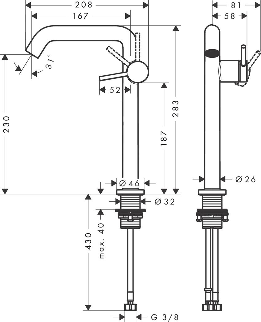 Bateria umywalkowa 240 Fine CoolStart EcoSmart+ do umywalek nablatowych bez kompletu odpływowego Hansgrohe Tecturis S rysunek