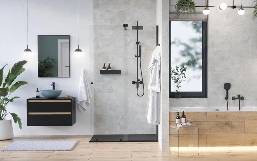 Drzwi przesuwne szkło przezroczyste profile czarne 120x200 cm Excellent Ortigo