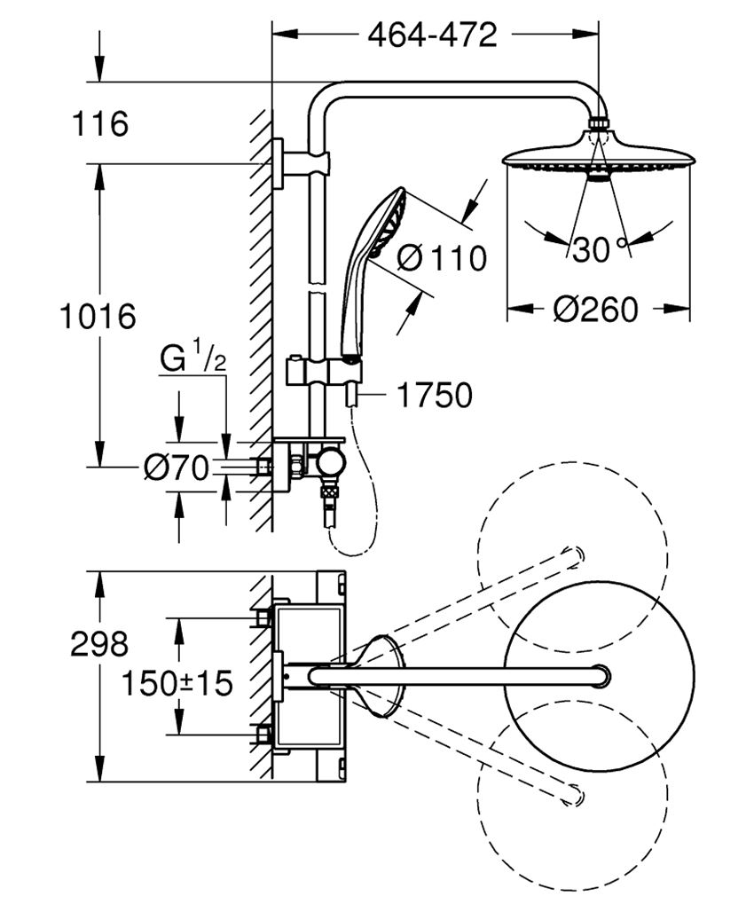 System prysznicowy Grohe Vitalio Joy System 260 26403001 rys techniczny