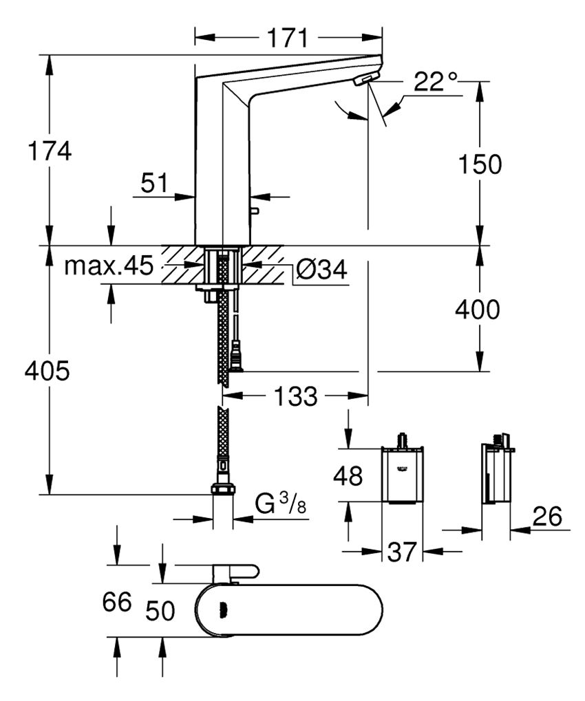 Bateria umywalkowa Grohe Eurosmart Cosmopolitan E 36422001 rys techniczny