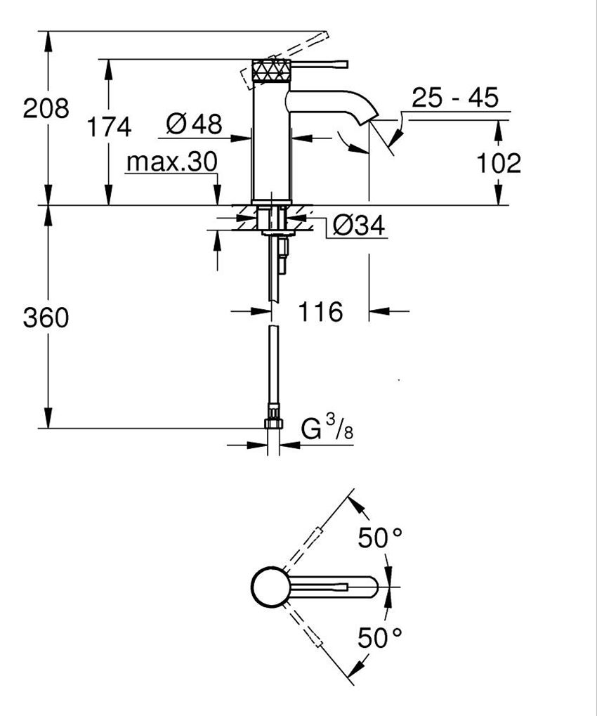 Bateria umywalkowa Grohe Essence 24172DE1 rys techniczny