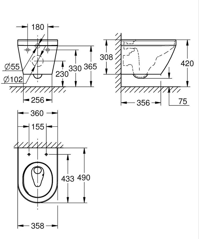 Miska WC Grohe Euro Ceramika 102486SH00 rys techniczny