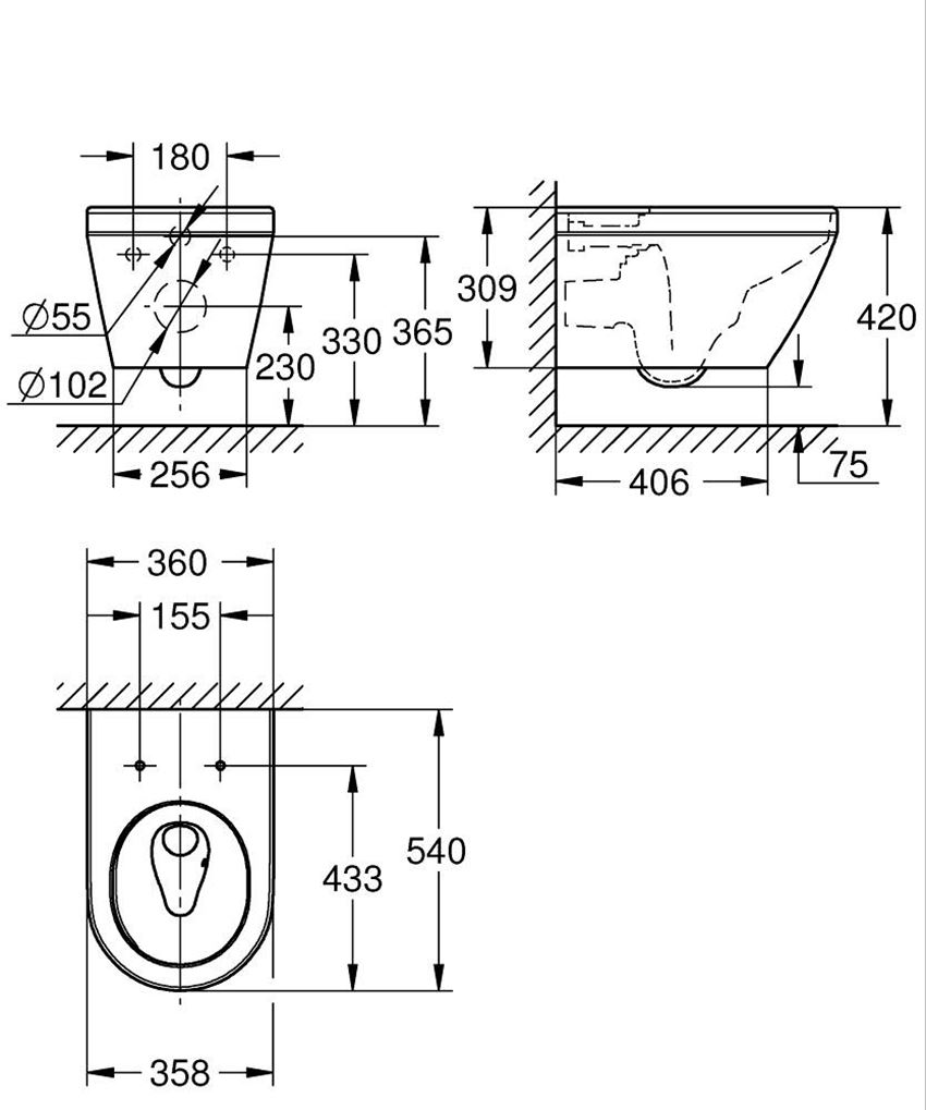 Miska WC Grohe Euro Ceramika 102485SH00 rys techniczny