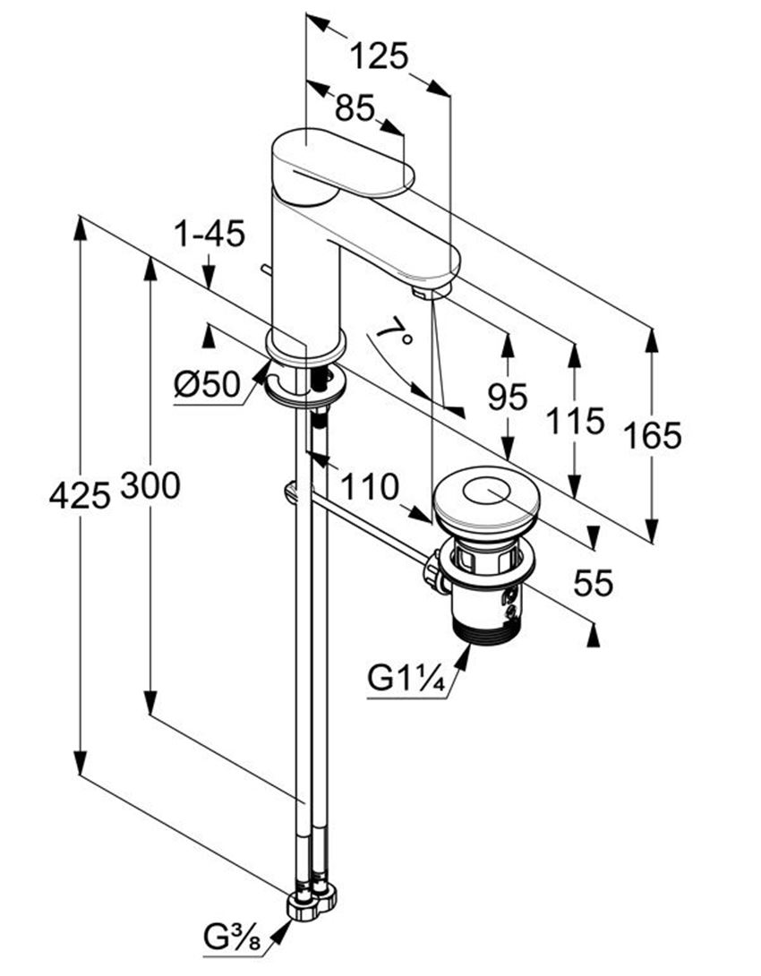 Jednouchwytowa bateria umywalkowa z zestawem odpływowym Kludi X1 rysunek