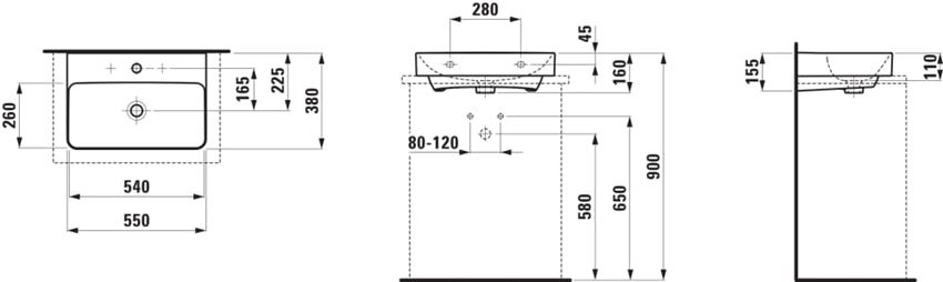 Umywalka ścienna wersja compacto szlifowany spód 55x38 cm biała Laufen Pro X rysunek