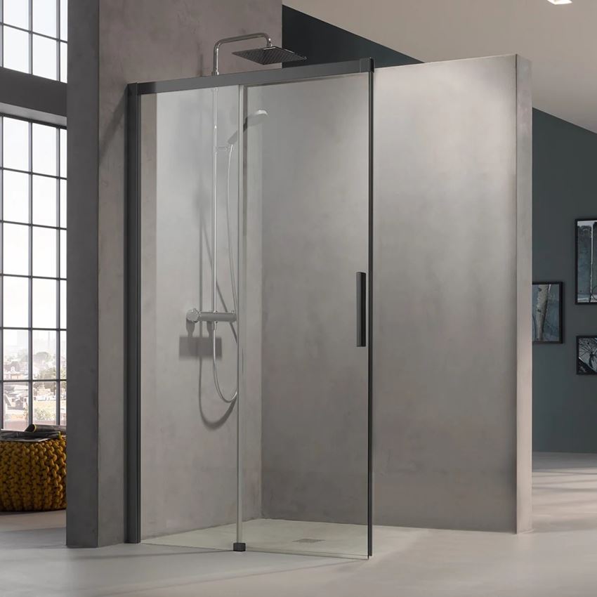 Drzwi prysznicowe lewe szkło przezroczyste profile czarne 140x200 cm Kermi Nica