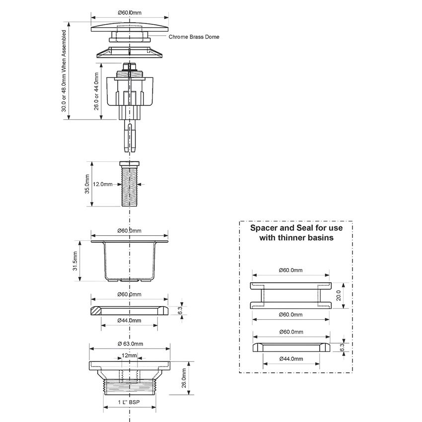 Spust umywalkowy McAlpine CWP60CB-GM rys techniczny