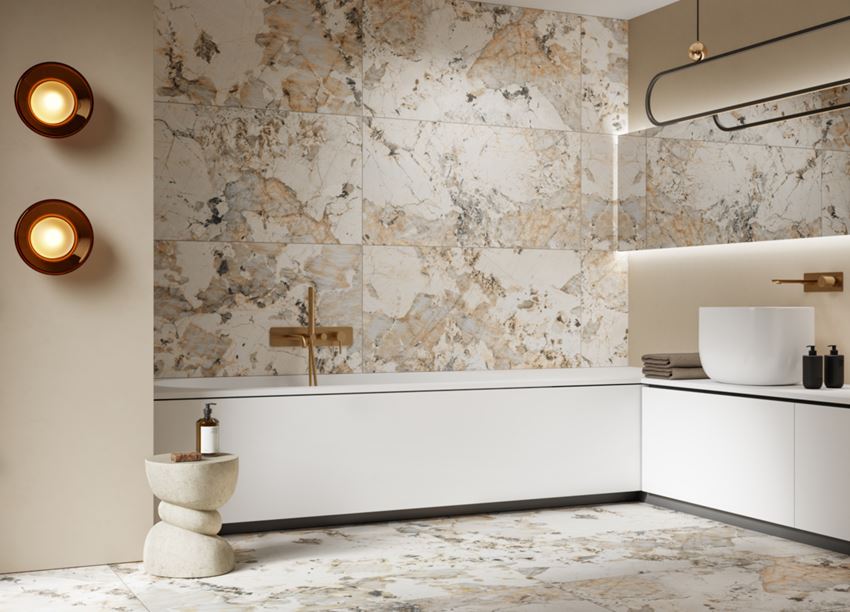 Beżowo-brązowy kamień w nowoczesnej łazience