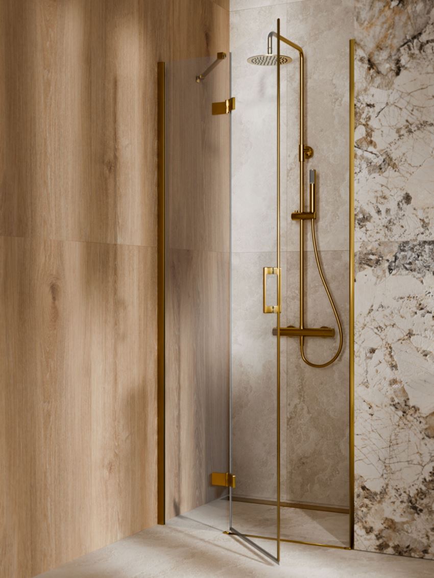 Drzwi prysznicowe jednoczęściowe lewe z elementem stałym w linii jasne złoto IÖ Luvia