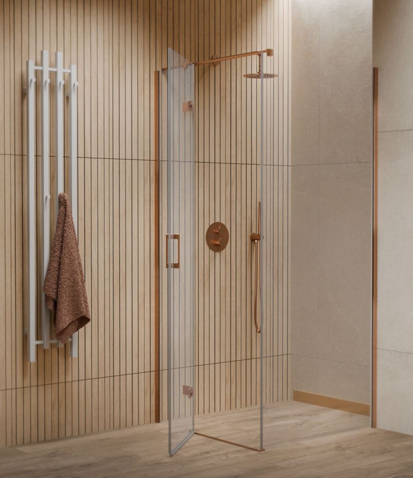 Kabina prysznicowa narożna lewa kwadratowa szkło przezroczyste profile miedź szczotkowana IÖ Luvia