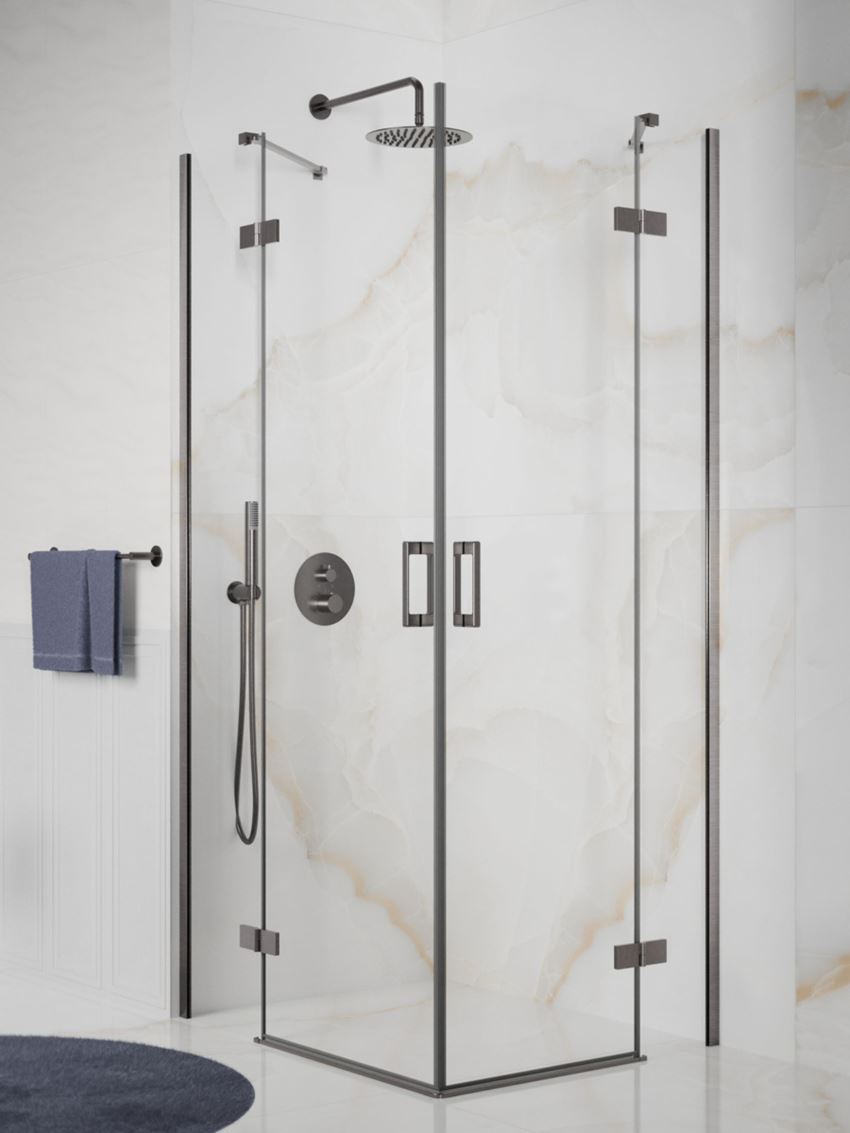 Kabina prysznicowa narożna kwadratowa szkło przezroczyste profile gunmetal szczotkowany IÖ Luvia