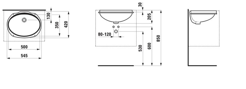 Umywalka podblatowa Laufen Savoy H8131920001551 rys techniczny
