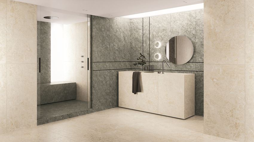 Szaro-beżowa łazienka w minimalistycznym stylu