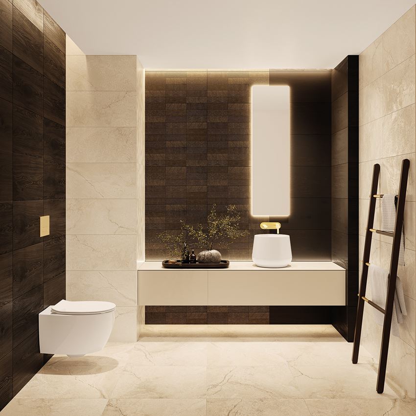 Beżowo-brązowa łazienka w kamieniu i cegiełkach