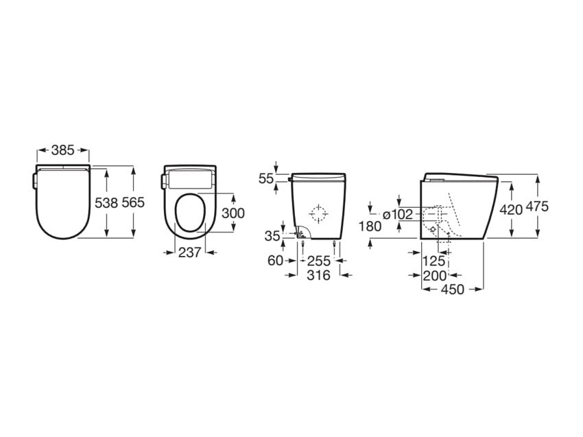 Miska WC stojąca ze zintegrowanym zbiornikiem In-Tank® z deską 56,5 cm biała Roca Avant rysunek