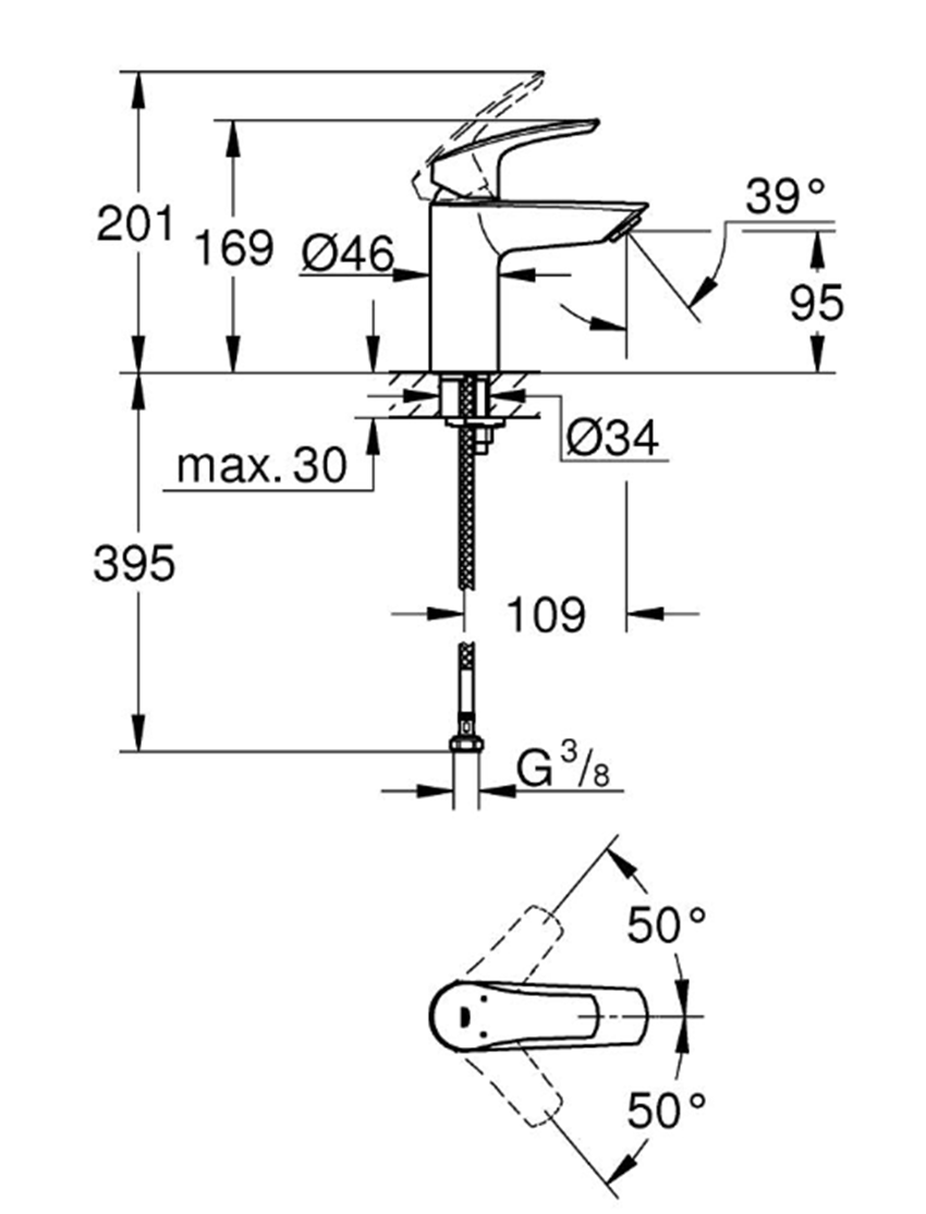 Bateria umywalkowa Grohe Eurosmart 32467003 rys techniczny