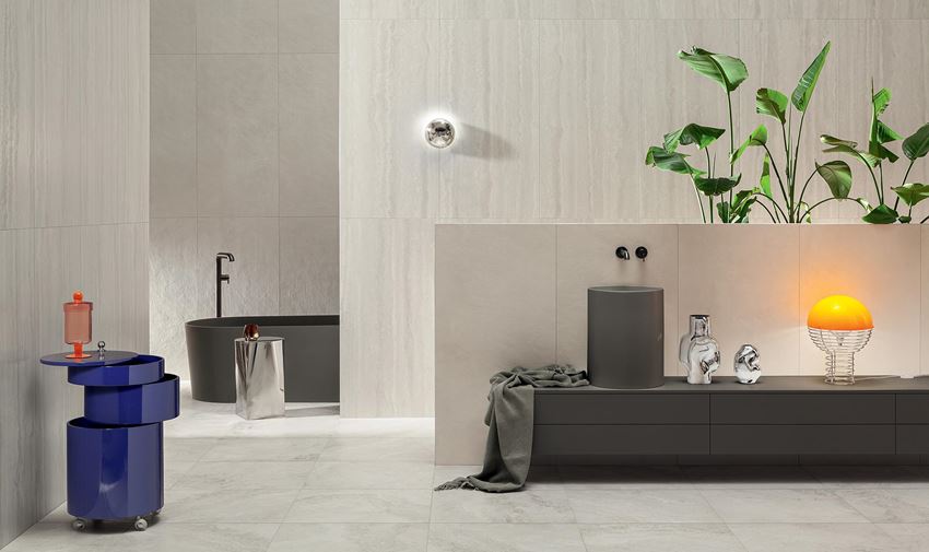 Szara łazienka z kamiennym wzorem