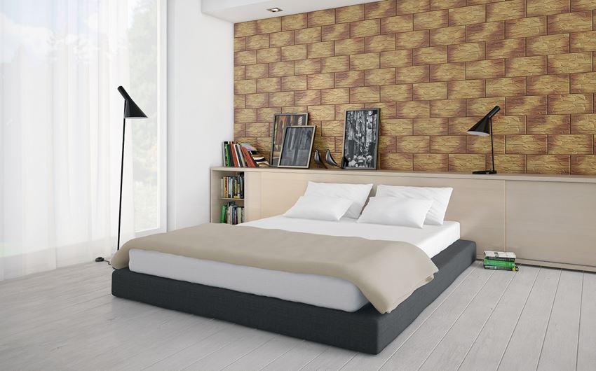 Klinkierowe wykończenie ściany w sypialni