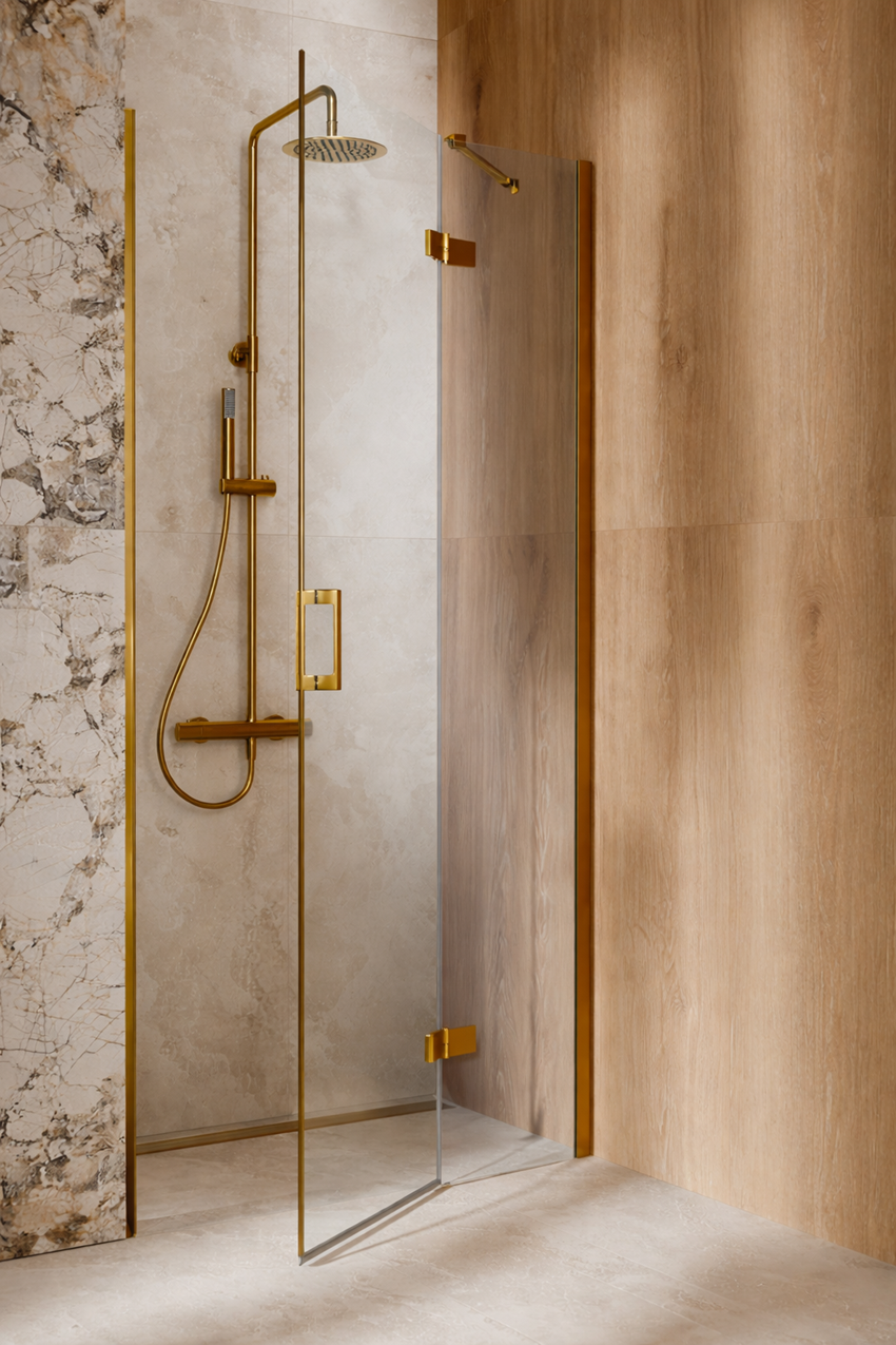 Drzwi prysznicowe jednoczęściowe prawe z elementem stałym w linii jasne złoto IÖ Luvia