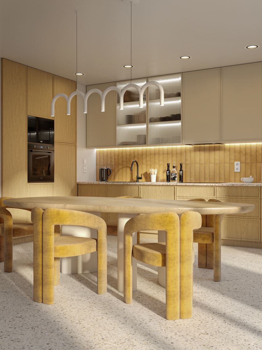 Beżowo-żółta kuchnia ze wzorem lastryko