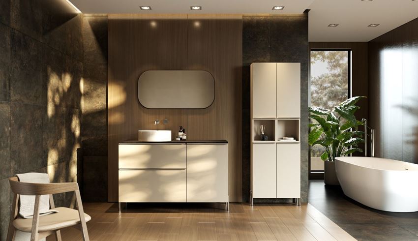Ciemna łazienka z jasnymi meblami i wanną wolnostojącą