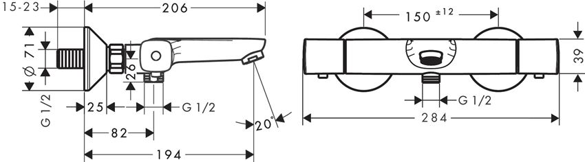 Bateria termostatyczna wannowa montaż natynkowy Hansgrohe Ecostat rysunek techniczny