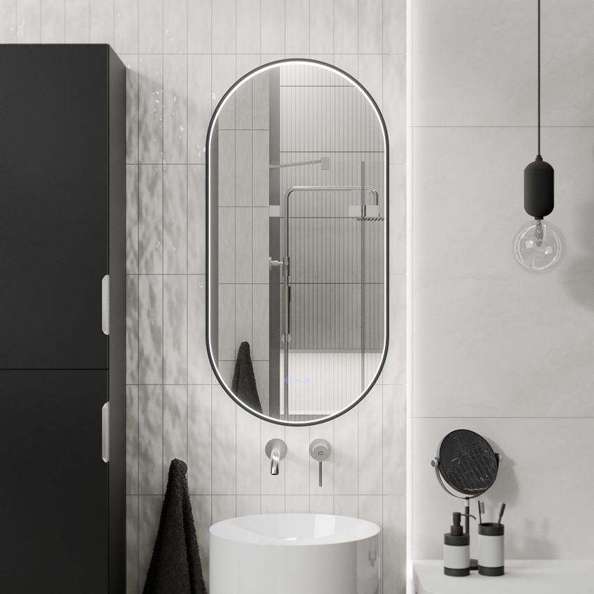 Lustro owalne z podświetleniem led 50x100 cm rama aluminiowa czarny mat IÖ Melo New Oval