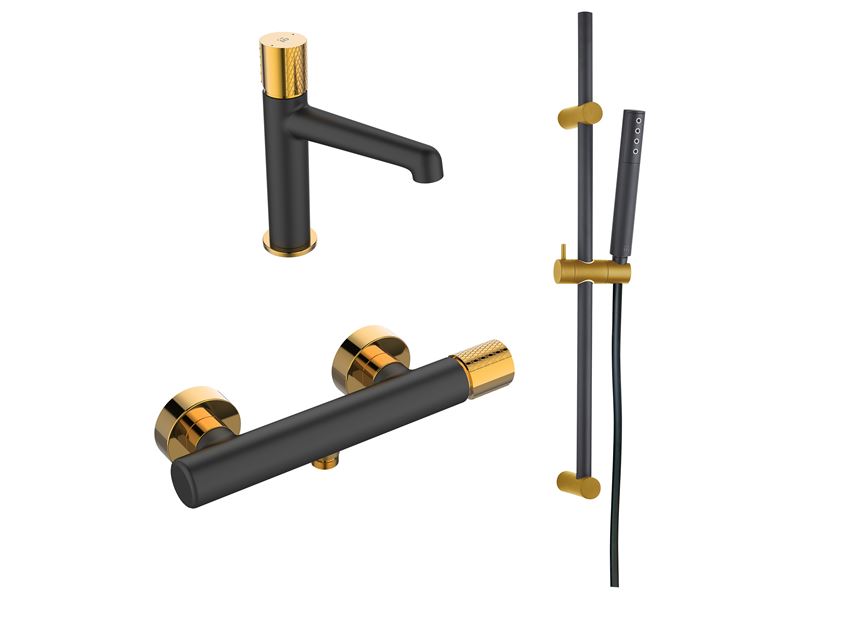Komplet baterii 3w1 umywalkowa + prysznicowa + natrysk przesuwny czarno-złoty mat/połysk IÖ Vida