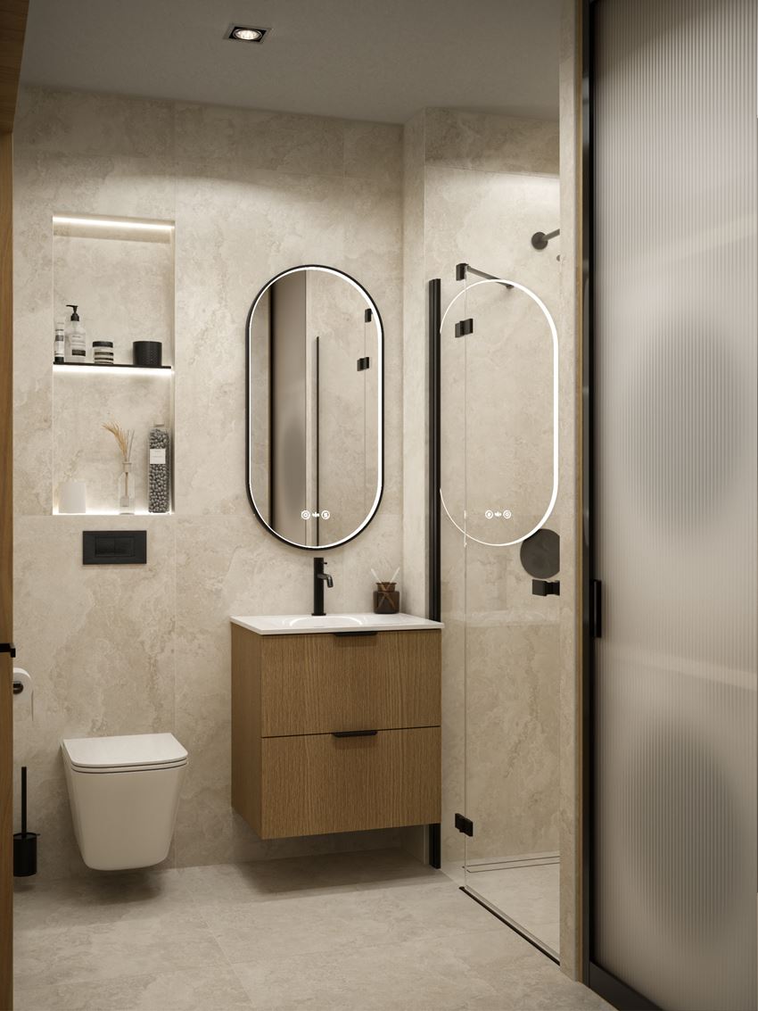 Matowy kamień w jasnym kolorze w aranżacji łazienki