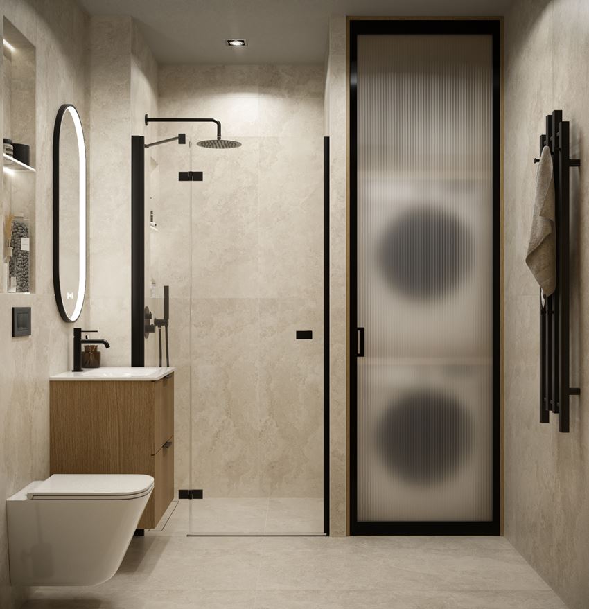 Łazienka w jasnym kamieniu z zabudową wnękową