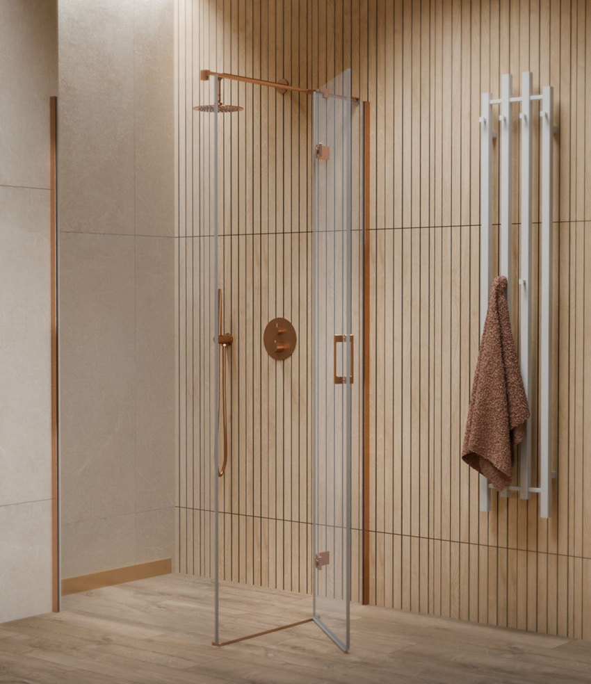 Kabina prysznicowa narożna prawa szkło przezroczyste profile miedź szczotkowana IÖ Luvia