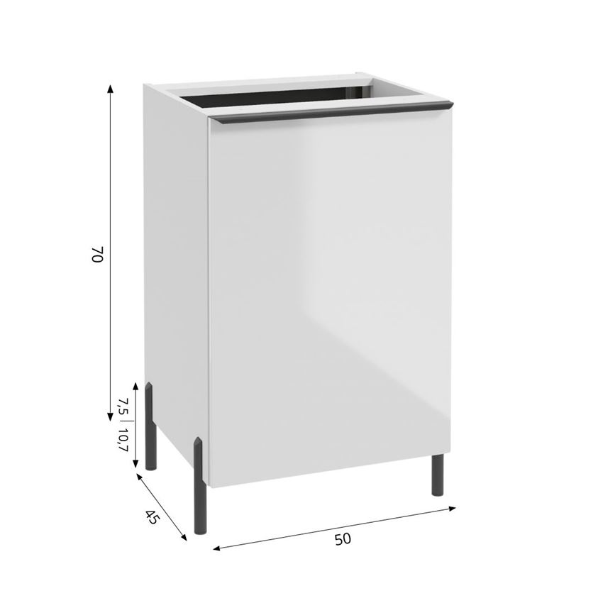 Szafka pod blat z koszem 50 cm lakier biały połysk Defra Nino rysunek