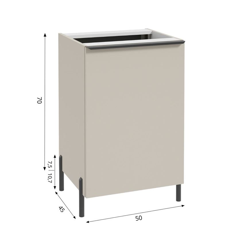 Szafka pod blat z koszem bez uchwytów i nóżek, 50 cm lakier kaszmir mat Defra Nino