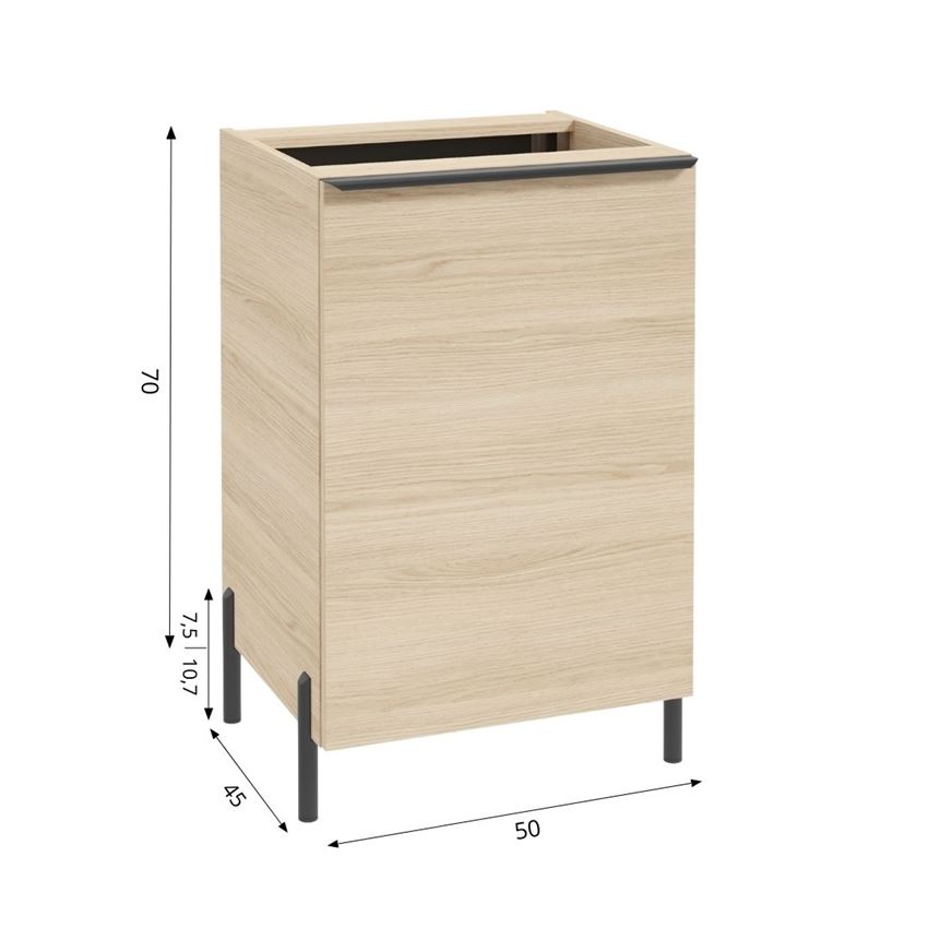 Szafka pod blat z koszem bez uchwytów i nóżek 50 cm dekor dąb vicenza jasny Defra Nino rysunek