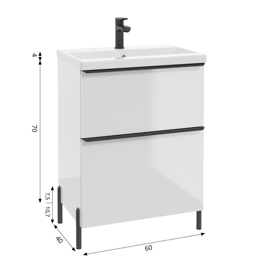 Szafka podumywalkowa bez uchwytów nóżek i umywalki 60 cm lakier biały połysk Defra Nino D60 rysunek