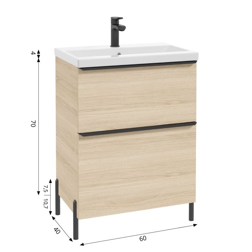 Szafka podumywalkowa bez uchwytów nóżek i umywalki 60 cm dekor dąb vicenza jasny Defra Nino