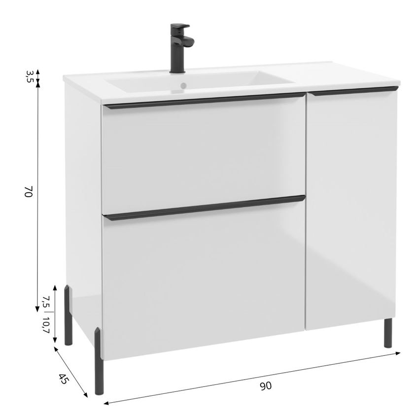 Szafka podumywalkowa lewa bez uchwytów nóżek i umywalki 90 cm lakier biały połysk Defra Nino