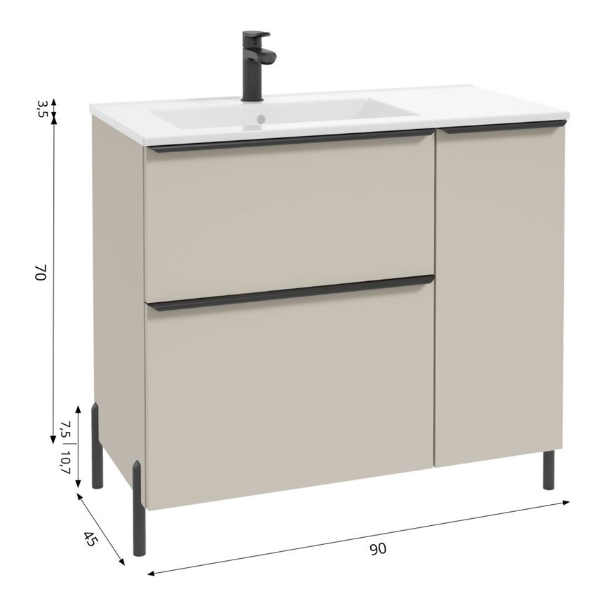 Szafka podumywalkowa lewa bez uchwytów nóżek i umywalki 90 cm lakier kaszmir mat Defra Nino rysunek