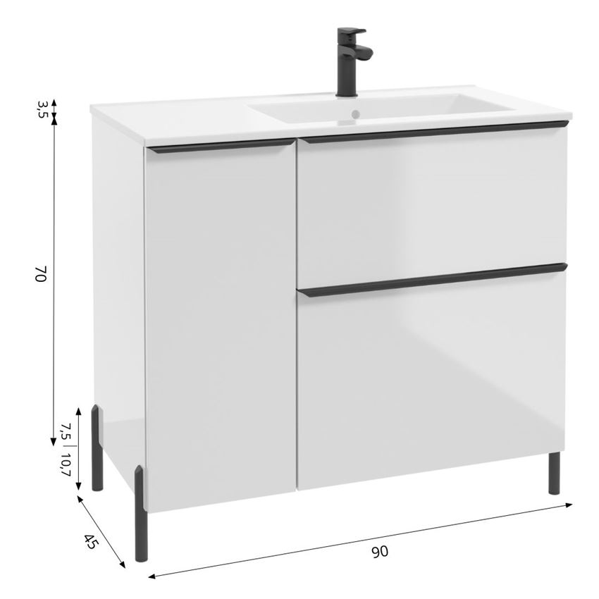 Szafka podumywalkowa prawa 90 cm lakier biały połysk Defra Nino rysuenk