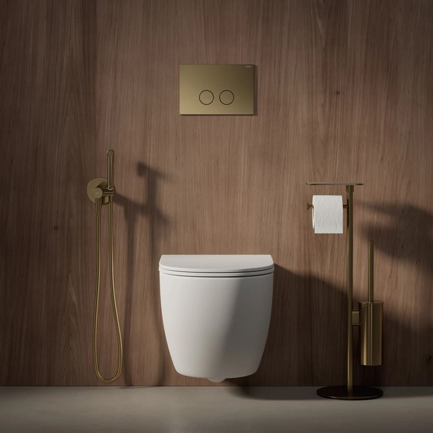 Strongframe stelaż podtynkowy do miski toaletowej + Steel-R45 przycisk spłukujący ze stali nierdzewnej mosiądz szczotkowany Omnires Flush Set