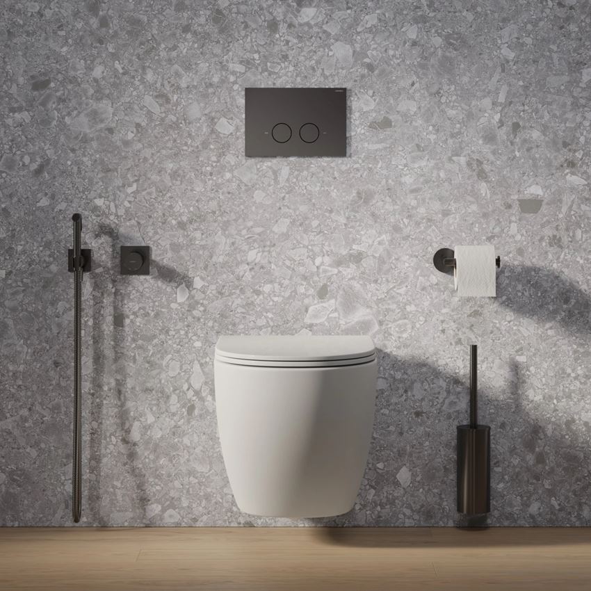 Strongframe Eco stelaż podtynkowy do miski toaletowej z funkcją oszczędnego spłukiwania + Steel-R45 przycisk spłukujący ze stali nierdzewnej antracyt mat Omnires Flush Set Eco