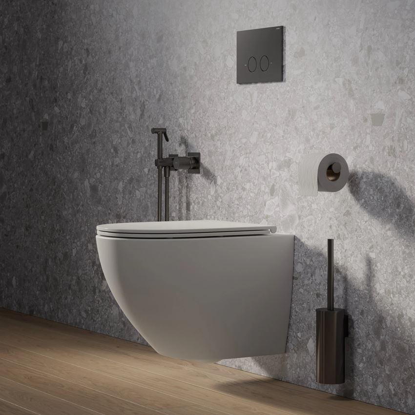 Strongframe Eco stelaż podtynkowy do miski toaletowej z funkcją oszczędnego spłukiwania + Steel-R45 przycisk spłukujący ze stali nierdzewnej antracyt mat Omnires Flush Set Eco