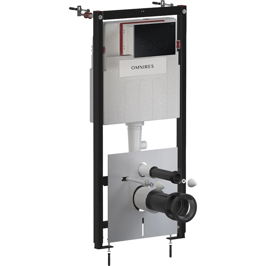 Strongframe Eco stelaż podtynkowy do miski toaletowej z funkcją oszczędnego spłukiwania + Steel-R45 przycisk spłukujący ze stali nierdzewnej czarny mat Omnires Flush Set Eco
