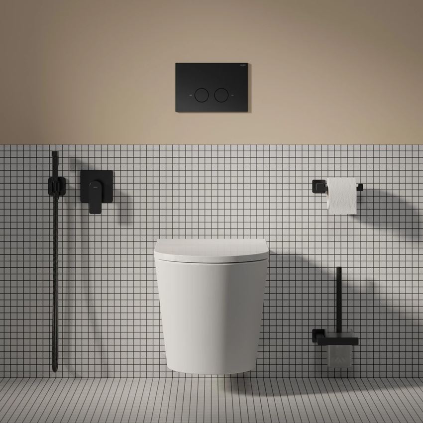 Strongframe Eco stelaż podtynkowy do miski toaletowej z funkcją oszczędnego spłukiwania + Steel-R45 przycisk spłukujący ze stali nierdzewnej czarny mat Omnires Flush Set Eco