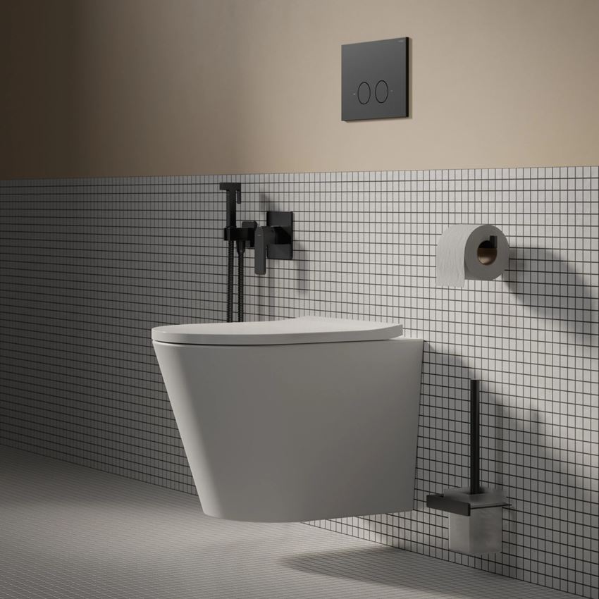 Strongframe Eco stelaż podtynkowy do miski toaletowej z funkcją oszczędnego spłukiwania + Steel-R45 przycisk spłukujący ze stali nierdzewnej czarny mat Omnires Flush Set Eco