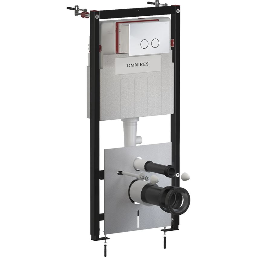 Strongframe Eco stelaż podtynkowy do miski toaletowej z funkcją oszczędnego spłukiwania + Steel-R45 przycisk spłukujący ze stali nierdzewnej chrom połysk Omnires Flush Set Eco
