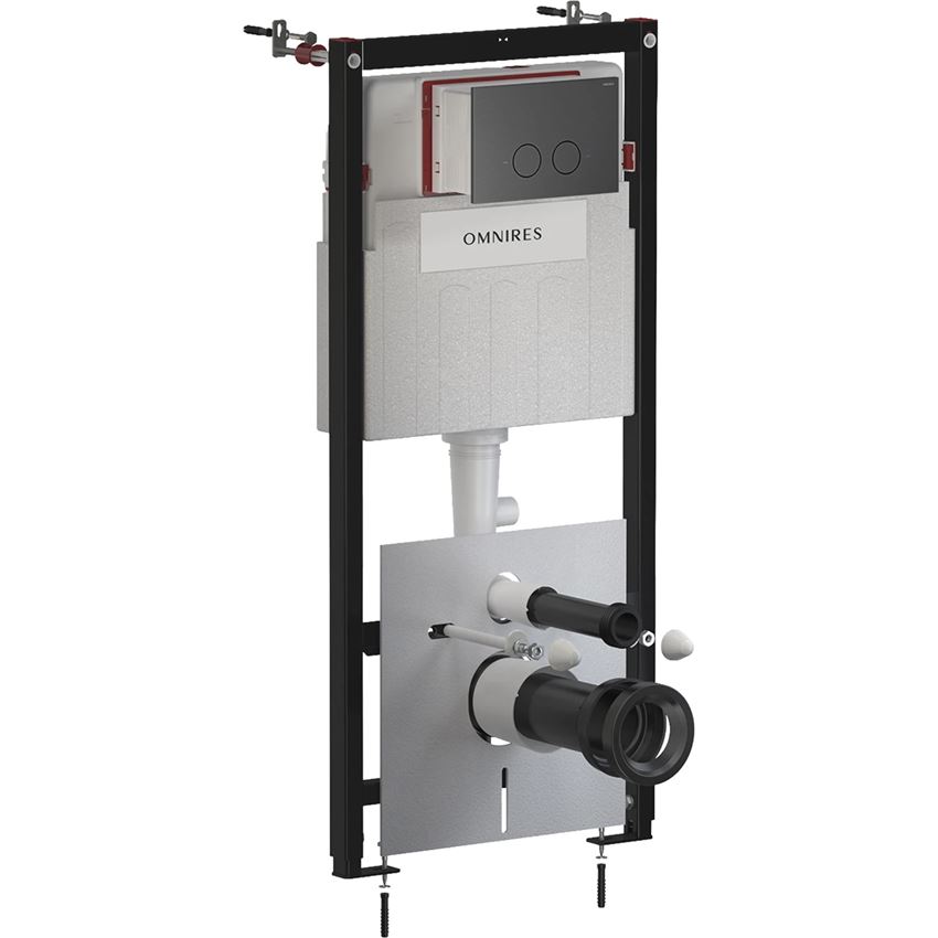 Strongframe Eco stelaż podtynkowy do miski toaletowej z funkcją oszczędnego spłukiwania + Steel-R45 przycisk spłukujący ze stali nierdzewnej grafit szczotkowany Omnires Flush Set Eco