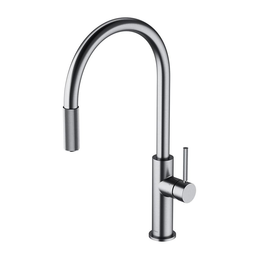 Bateria kuchenna z wyciąganą wylewką do podłączenia zestawu filtrującego nikiel szczotkowany Omnires Switch