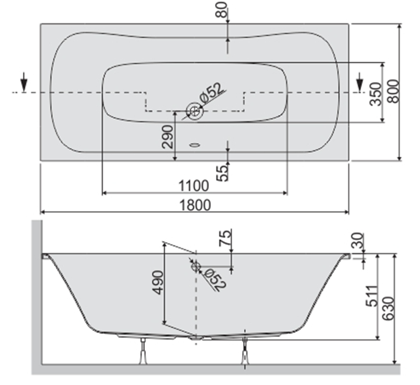Wanna prostokątna Sanplast Luxo 610-370-0150-01-000 rys techniczny